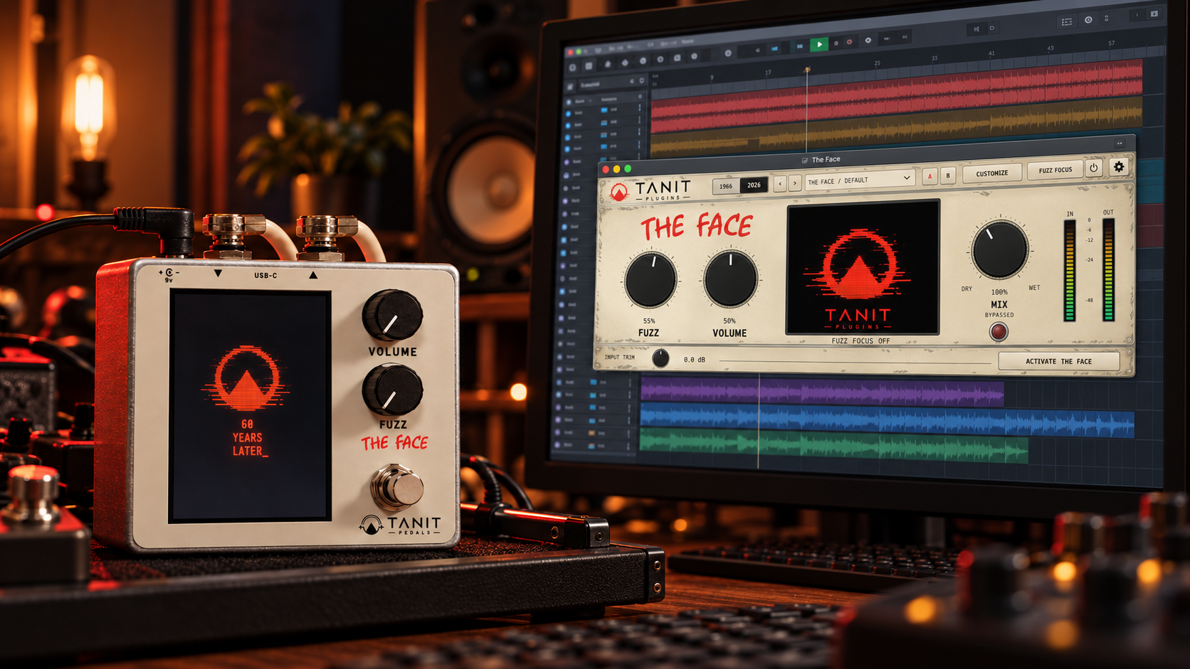 La pédale THE FACE sur un pedalboard à côté de son plugin dans une session d’enregistrement